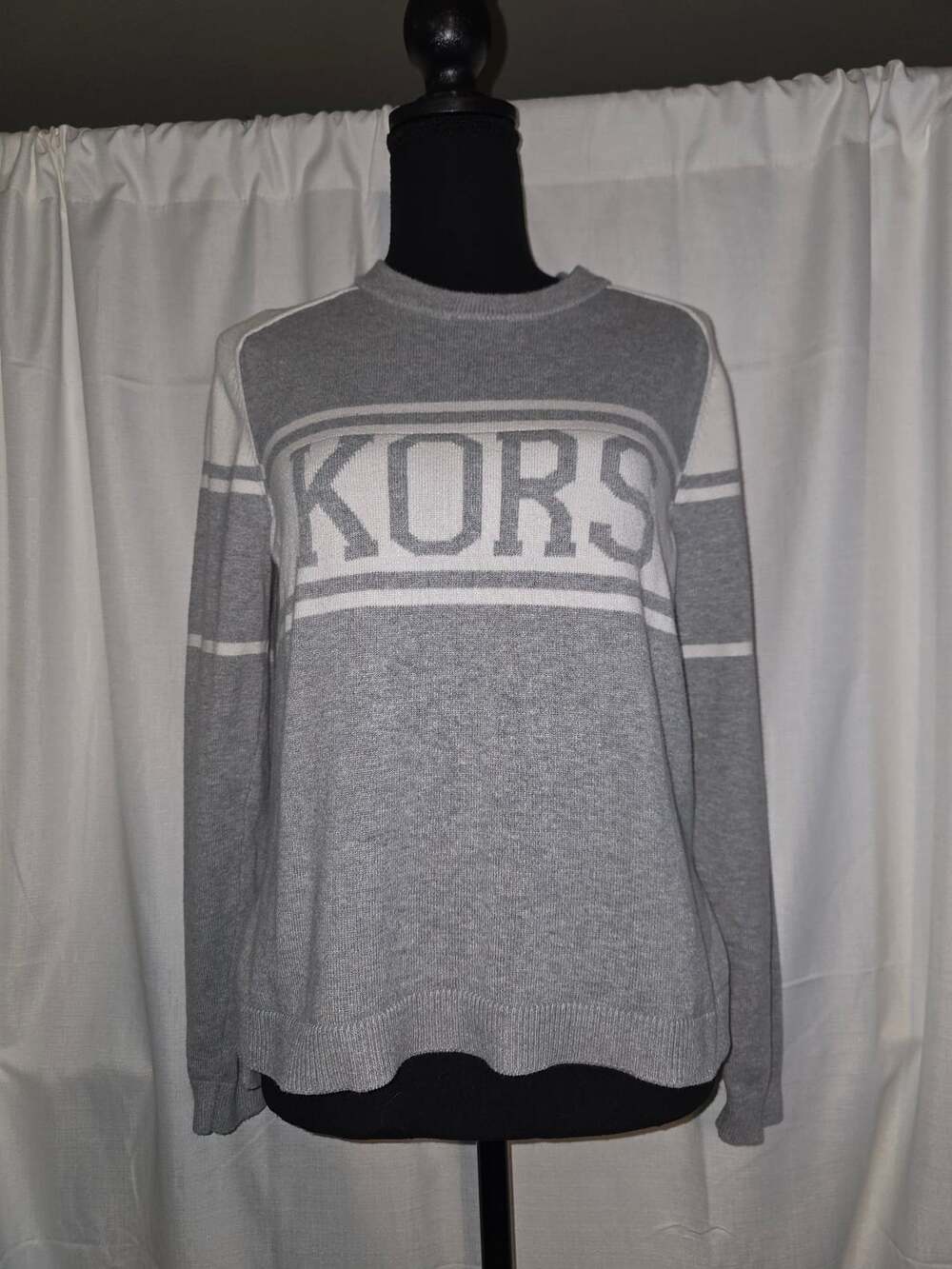 MICHAEL KORS Logo Sweater Size S Gray White Crewneck Pullover